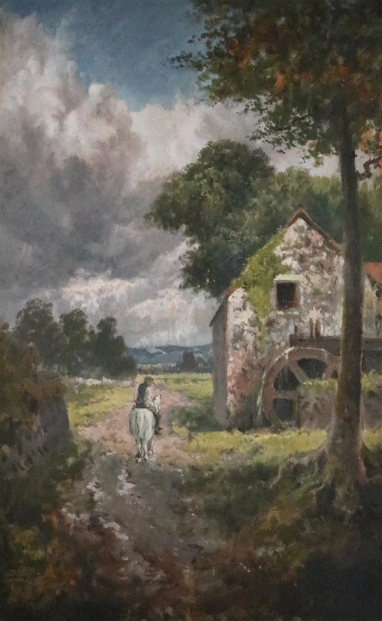 Oil- Figure on horseback near watermill